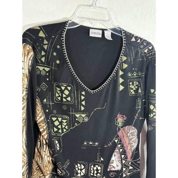 Chico's Black Tribal Geo Khaki Print Sz 1 Medium Women’s V- neck Cotton Blouse - Picture 6 of 7